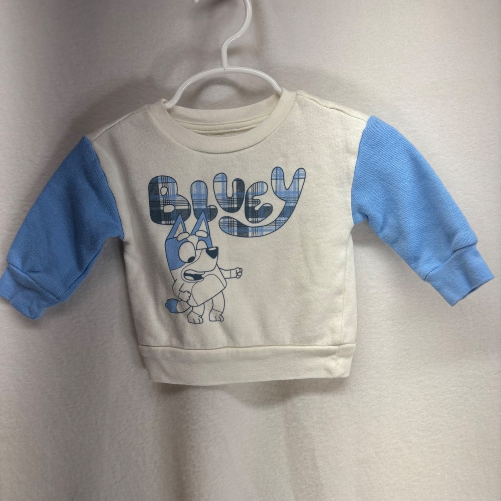 Baby Bluey Long Sleeve Sweatshirt Cream‎ Blue Plaid Toddler Kids 0-3M